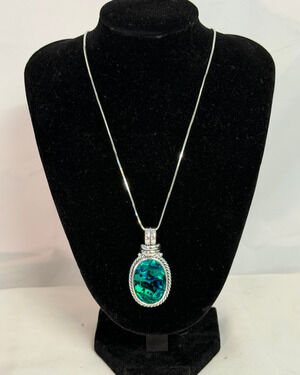 RMN Roman 17" Necklace Abalone Shell Pendant Necklace Rope Chain Silver Tone